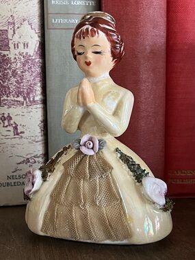 Unique Vintage Cream and Pink Praying Figure Porcelain Figurine